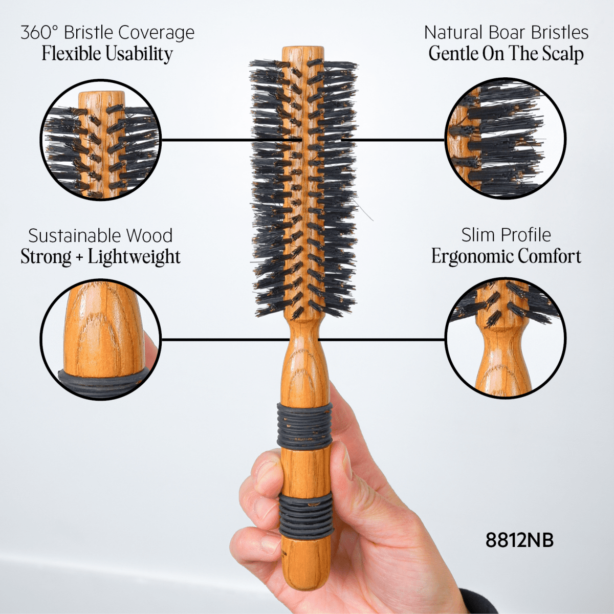REJUVEN8_Round Brush Natural Boar Bristle 8812NB 1.65"/4.2cm_Cosmetic World