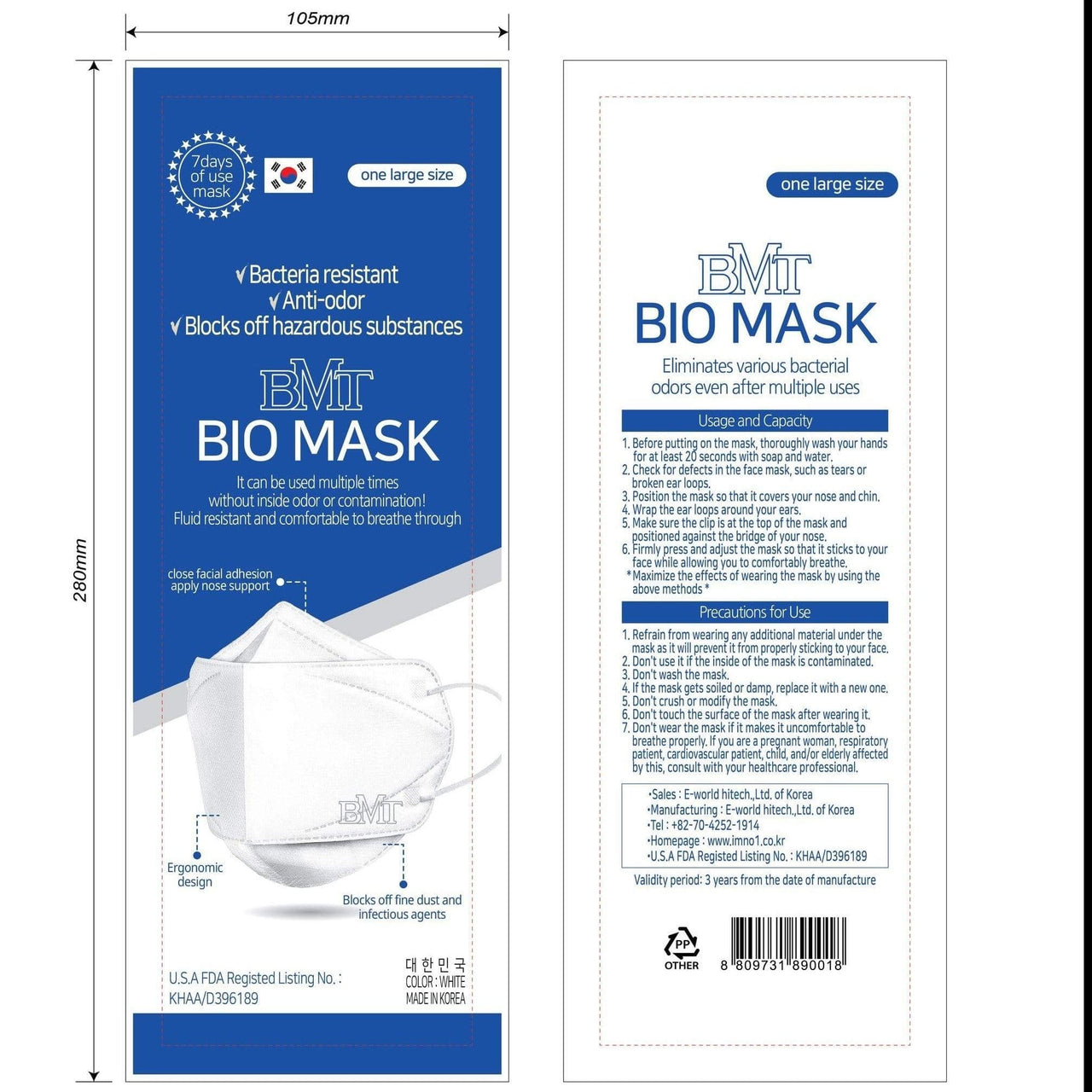 BMT_Products BMT BIO Mask 3D Stereoscopic Respirator (100 pcs/ 1 box)_Cosmetic World